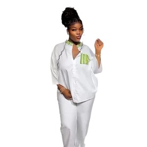 Nouvel <span class=keywords><strong>ensemble</strong></span> été 2026 transfrontalier Europe-Amérique : chemise <span class=keywords><strong>ample</strong></span> à épaules tombantes et manches trois-quarts avec poches et pantalon taille haute à jambes larges - Product Image 5