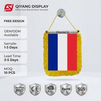 Drapeau de la France imprimé numériquement sur mesure 14x21cm avec franges à pompons, bannière de haute qualité en polyester satiné pour la fenêtre de la voiture ou le rétroviseur