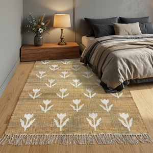 Tapis en jute à motif floral, rectangulaire, à poils ras, style bohème, antidérapant, pour chambre à coucher - Product Image 3
