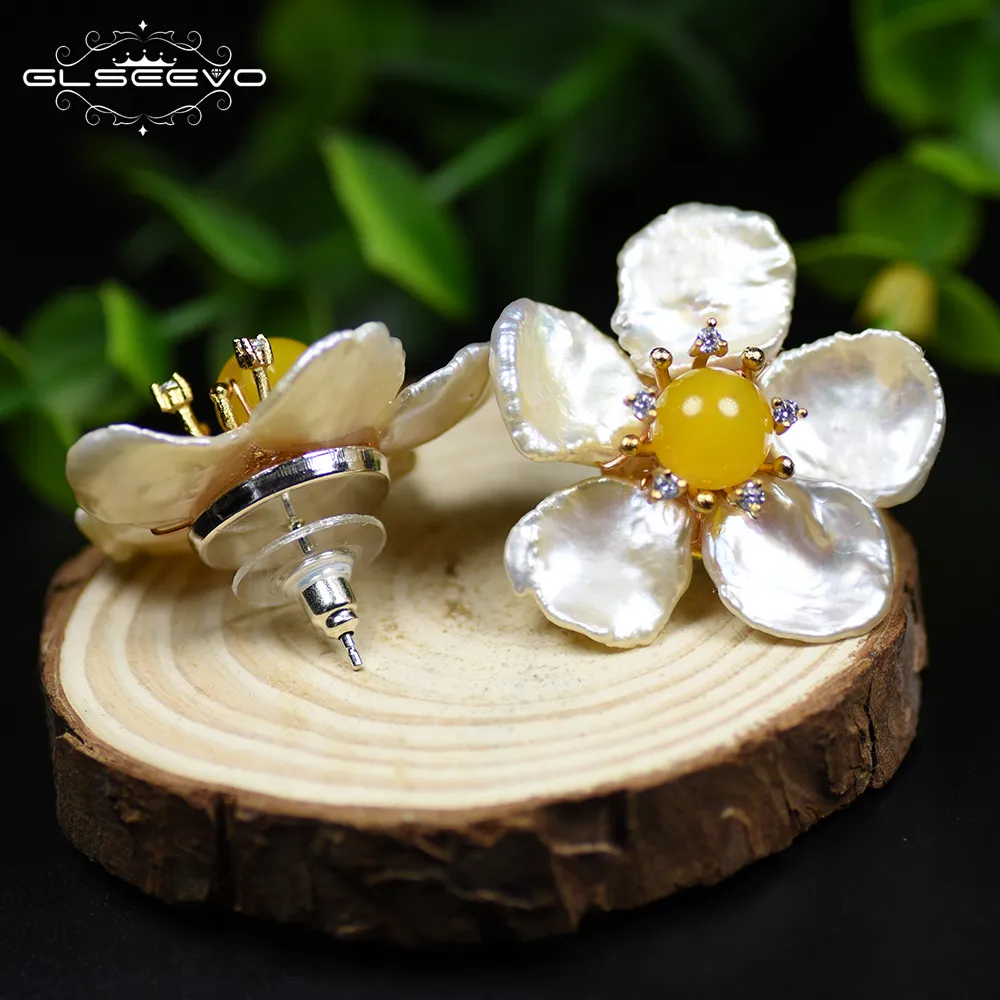 Natural Fresh Water Baroque Pearl Yellow Jade Flower 925 Sterling Silver Stud Earring For Women Fine earings for women 2020