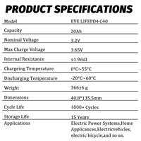 Tout nouveau EVE C40 LiFePO4 3.2V 20A cellules de batterie LFP cylindriques rechargeables pour bricolage 12V 24V 48V Pack stockage d'énergie solaire