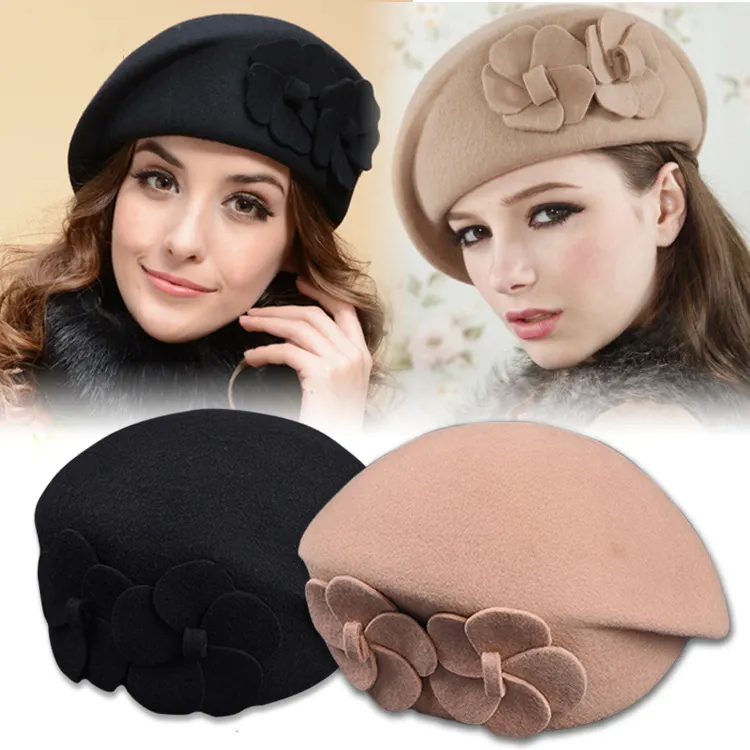 Wholesale Autumn and winter hat ladies elegant double flower wool Beret Floral Dress Pillbox Fascinator Beanie Hat