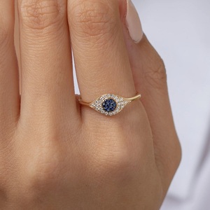 Anello Vintage da Donna Placcato Oro 18k Gioielli alla Moda in Argento Sterling con Occhio Turco e Zircone Blu Scuro - Product Image 3