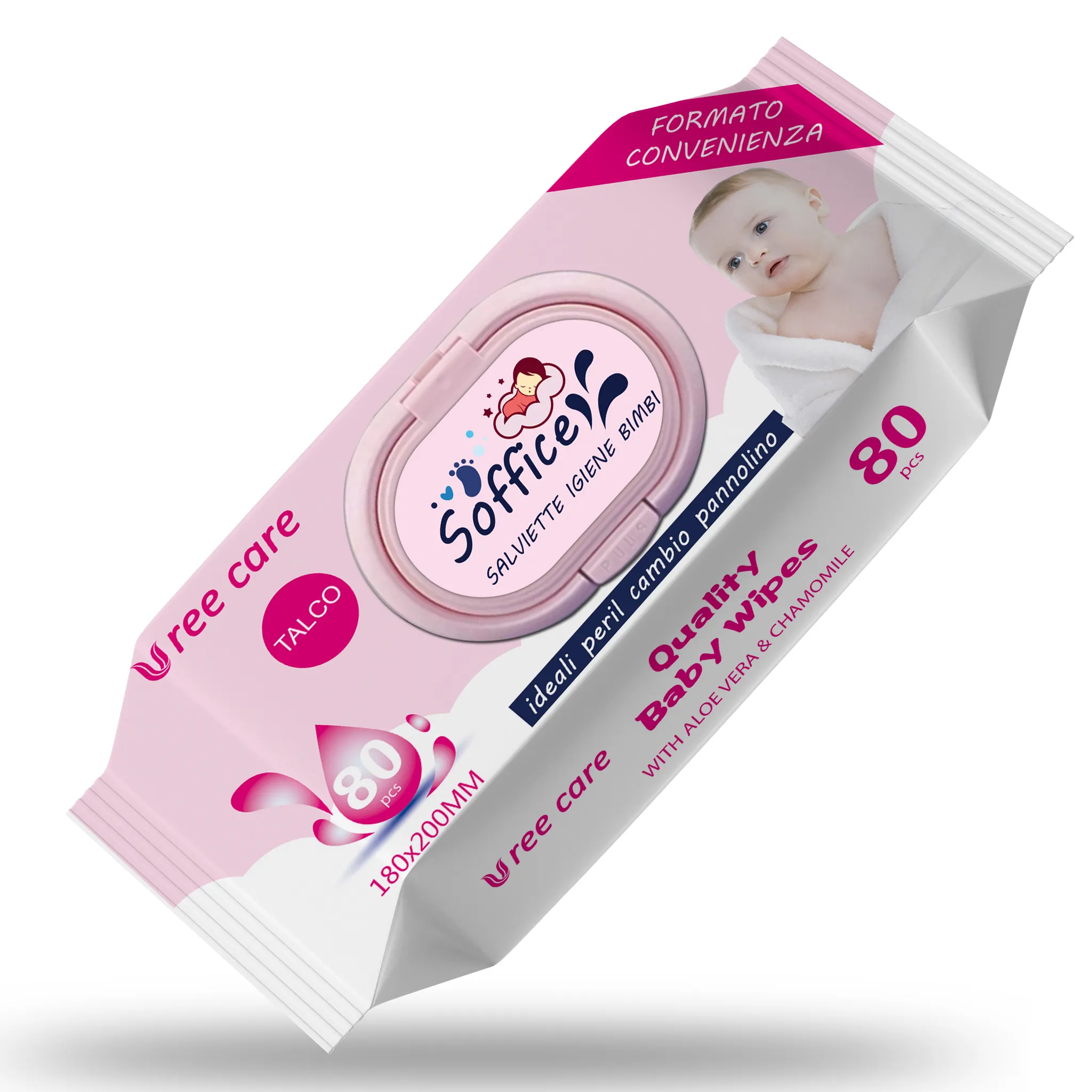 Populer lembut perawatan kulit bayi alkohol gratis Label pribadi OEM tisu basah tangan mulut bersih tisu untuk bayi