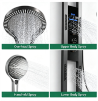 Système de douche mural intelligent avec jets dorsaux et spa, affichage LED gris, mitigeur, cascade et pluie, pour salle de bain