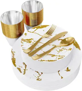 Набор белой и золотой пластиковой посуды из 175 предметов для 25 гостей, одноразовые пластиковые тарелки для вечеринки