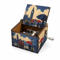 Boîte à musique à manivelle, boîte à musique en bois à remonter avec motif Big Ben de Londres, art urbain pluvieux, cadeau de voyage vintage en gros