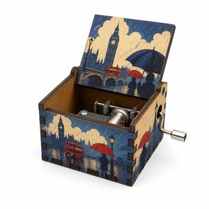Caja de <span class=keywords><strong>música</strong></span> de manivela, caja de <span class=keywords><strong>música</strong></span> de madera con diseño del Big Ben de Londres, arte callejero bajo la lluvia, regalo de viaje vintage al por mayor - Product Image 1