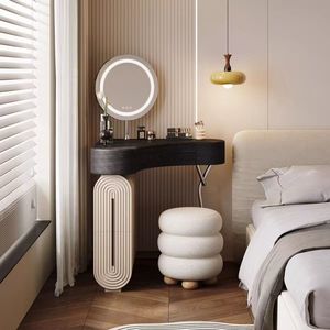 Coiffeuse d'angle moderne extensible en <span class=keywords><strong>bois</strong></span> massif <span class=keywords><strong>avec</strong></span> tabouret de maquillage intégré pour chambre à coucher, <span class=keywords><strong>petit</strong></span> appartement, <span class=keywords><strong>baie</strong></span> <span class=keywords><strong>vitrée</strong></span> triangulaire - Product Image 2