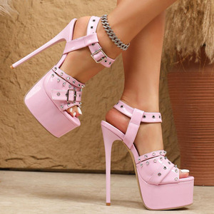 Women Metal Rivets <b>Platform</b> Sandals Peep Toe High Slim <b>Heels</b> Summer Shiny Belt Buckles <b>Ankle</b> <b>Strap</b> Shoes - Product Image 5