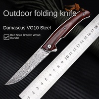 Couteau pliant de survie en acier Damas personnalisable OEM avec manche en bois de santal rouge, outil EDC multifonction