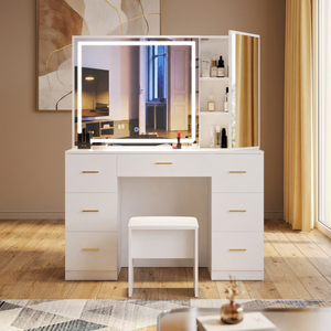<span class=keywords><strong>Coiffeuse</strong></span> moderne blanche 1000-1200 mm avec miroir LED éclairé et tabouret, 5 tiroirs, pour chambre à coucher - Product Image 4