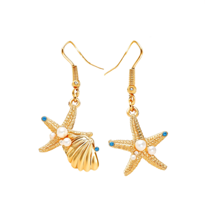 Boucles d'oreilles pendantes tendance en acier inoxydable 316L plaqué or PVD, motif étoile de mer et coquillage avec perles et pierre bleue - Product Image 2