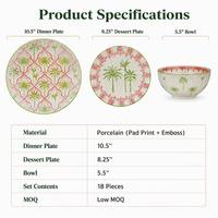 Service de table en porcelaine 18 pièces motif palmier tressé, assiettes et bols en céramique avec impression 3D en relief effet panier tressé