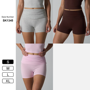 SK1347 Pantaloncini a Vita Alta 90% Cotone con Design a Risvolto, Pantaloni Sportivi Aderenti Effetto Nuvola per <span class=keywords><strong>Donna</strong></span>, Modellanti <span class=keywords><strong>e</strong></span> Sollevanti - Product Image 5