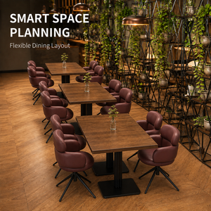 Ensemble de chaises de salle à manger pivotantes de style commercial, en similicuir bordeaux, avec dossier sculpté, table carrée en bois, piétement <span class=keywords><strong>noir</strong></span> - Product Image 2