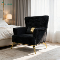 Fauteuil d'appoint moderne de luxe en velours noir, capitonné losanges, dossier haut, pieds dorés, pour salon