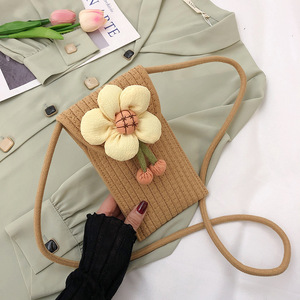 Woven Mobile Phone Bag Vertical <b>Square</b> Khaki Off White Flower Design Portable Everyday Outfits Summer 2022 - Product Image 2