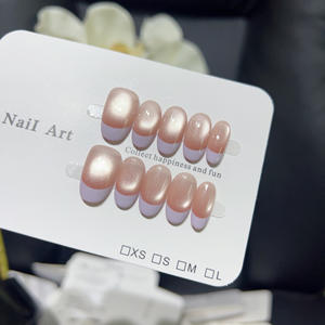 Venta al por mayor 10 piezas hechas a mano francés púrpura gato ojo prensa en las <span class=keywords><strong>uñas</strong></span> corto cuadrado redondo reutilizable personalizado <span class=keywords><strong>uñas</strong></span> artificiales OEM - Product Image 1