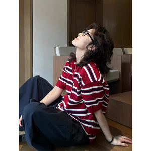 Top Estivo da <span class=keywords><strong>Donna</strong></span> in Maglia di Viscosa e Acrilico a Righe Stile Giapponese Retrò, Manica Corta, Vestibilità Ampia, Stile Preppy Casual - Product Image 1