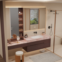 Meuble-lavabo flottant minimaliste en bois massif avec vasque en marbre et armoire miroir LED intelligente