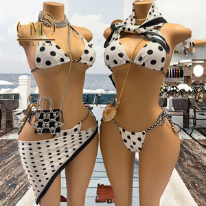 Conjunto de Bikini Sexy con Estampado de Puntos, 3 Piezas, Traje de Baño para Mujer, Top Halter Triangular con Pareo a Juego, para Playa o Resort - Product Image 3
