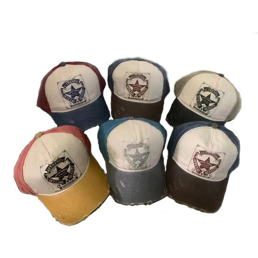custom embroidery 6 panels curved brim distressed baseball hat snapback cap