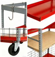 Chariot de rangement robuste pour pièces, capacité 80 kg, avec roues pivotantes de 5 pouces, étagère métallique, panier, 8 crochets, mouvement flexible à 360°, multi-niveaux