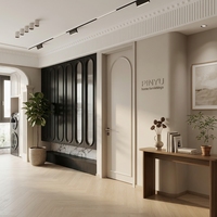Armoire de chambre murale intégrale en composite avec bureau d'angle intégré, rangement supérieur et miroir, finition crème clair