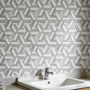 Hexagon Geometric Marble Texture <strong>Mosaic</strong> <strong>Tiles</strong> - <strong>White</strong> &amp; Gray Strip Design for Kitchen Bathroom Backsplash Modern Wall Decor - Product Image 4
