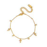 Bracelet personnalisé en acier inoxydable 316L avec croix, breloque en zircon pavé or, bracelet chaîne délicat avec zircon cubique rond serti pour femme