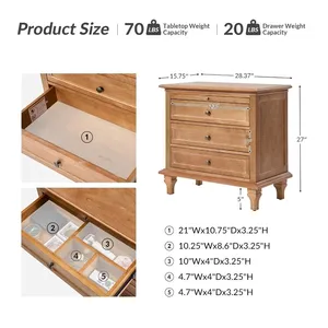 Table d'appoint style ferme à 3 tiroirs avec plateau et organisateur, pieds en bois massif, port de charge - Meuble de maison, table de chevet - Product Image 2