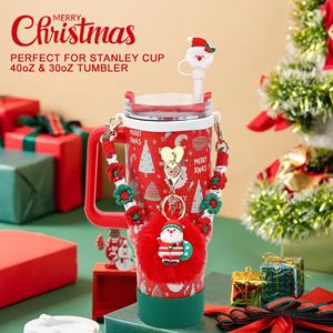 ชุดอุปกรณ์ตกแต่งแก้วน้ำสไตล์คริสต์มาส 7 ชิ้น ฝาซิลิโคนและจุกปิดหลอดพร้อมพวงกุญแจรูปหัวใจขนปุย ของตกแต่งแก้วน้ำ - Product Image 3