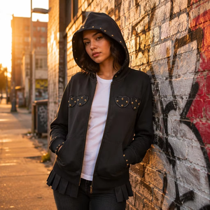 New Washed Hooded Jacket 80% Cotton 20% Polyester, Zip up Applique <strong>Heart</strong> Embroidery Rivet Long Sleeve Hoodie S-M-L - Product Image 5