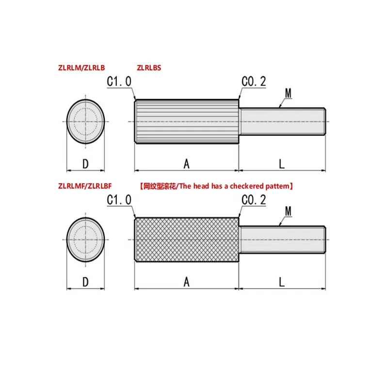 Tornillo de cabeza moleteada larga, de acero o acero inoxidable SS 303, extendido moleteado perno de acero inoxidable,