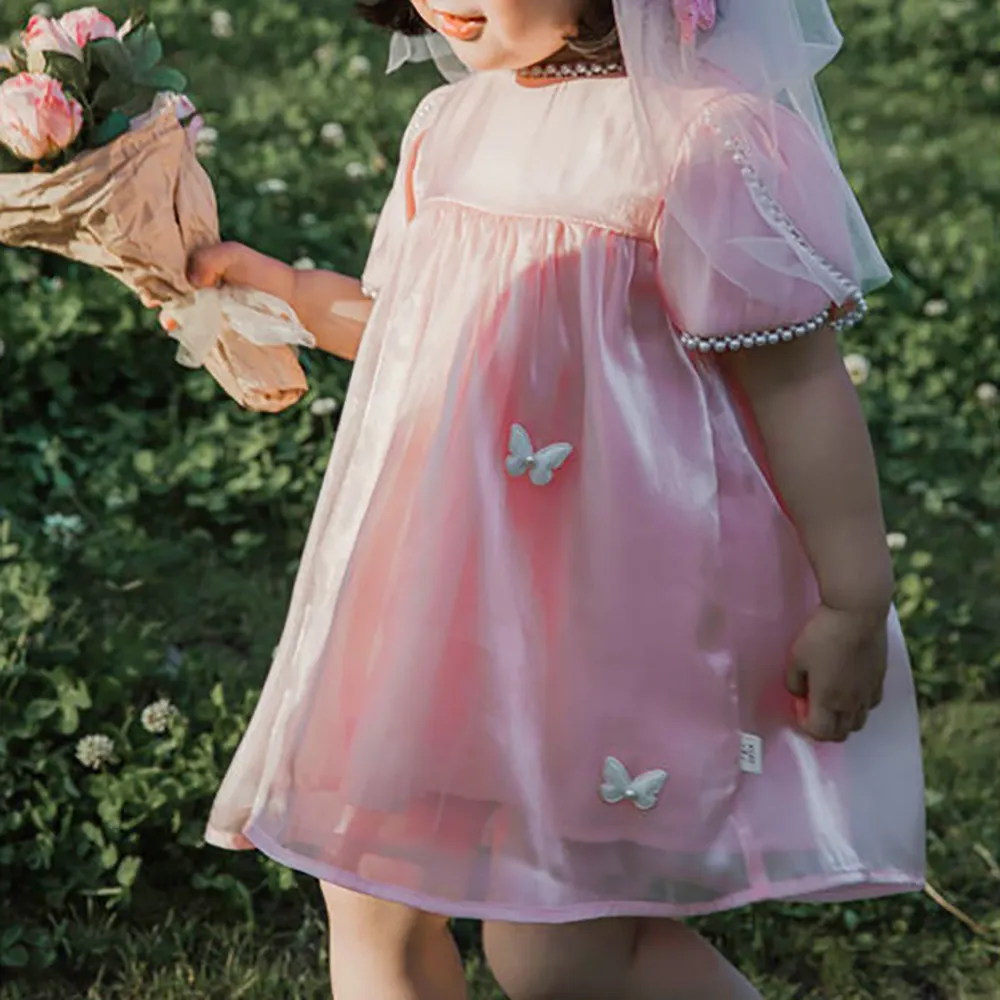 Hete Verkoop Meisje Elegante Effen Kleur Organza Tutu Jurk Ins Hete Verkoop Kinderen Poff Mouw Roze Prinses Organza Jurk