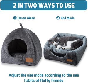 Igloo de tente en tissu à motif solide de lit de grotte de chat écologique avec coussin lavable amovible pour chats et petits chiens - Product Image 3