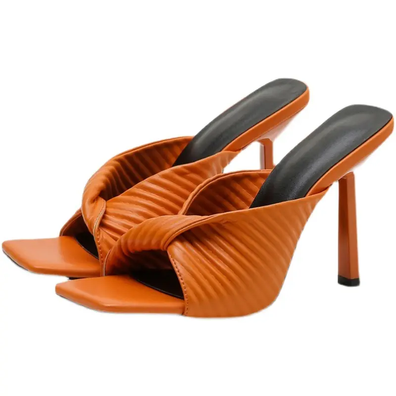 2022 Fashion Square Toe Sexy Elegant Beach Slip-on Shoes Orange Black Blue Mules Ladies High Heel Women Sandals Slippers