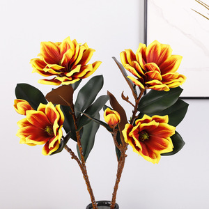 Magnolia artificielle à feuilles bouclées, 3 têtes, en plastique PU, haute simulation, pour arrangement floral, décoration maison et mariage - Product Image 1