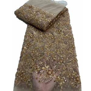 ゴールドブライダルイブニングドレスレース生地フレンチスパンコールビーズ高級メッシュレース生地ウェディングドレスに最適 - Product Image 1