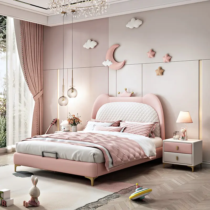 سرير للأطفال سرير بتصميم تاج أثاث غرف نوم منزلية سرير أكبر قياس أريكة سرير خشبي فاخر مبطن سرير للأطفال للفتيات