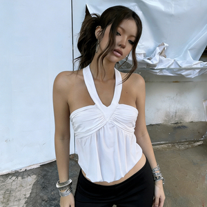 White Breathable Patchwork Knit Halter Tube <b>Top</b> for Women Sexy Backless <b>Loose</b> A-Line Club Nightclub Flared <b>Cami</b> - Product Image 4