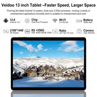 Tablette Android Veidoo Tab 13" 256Go Octa Core Batterie 10000 mAh Wifi 4G Design Fin Cadre Métallique Robuste Support de Housse