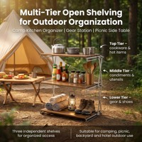Table de camping pliable à 3 niveaux en bois massif et acier inoxydable pour le camping et les pique-niques – Gardez votre équipement bien rangé