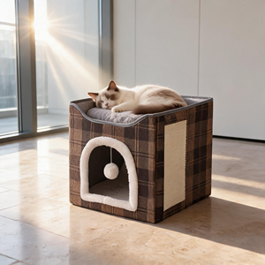 Maisonnette pour chat pliable de luxe en plaid, avec griffoir en sisal, lit douillet en peluche à 2 niveaux, condo pour chat d'intérieur - Product Image 4