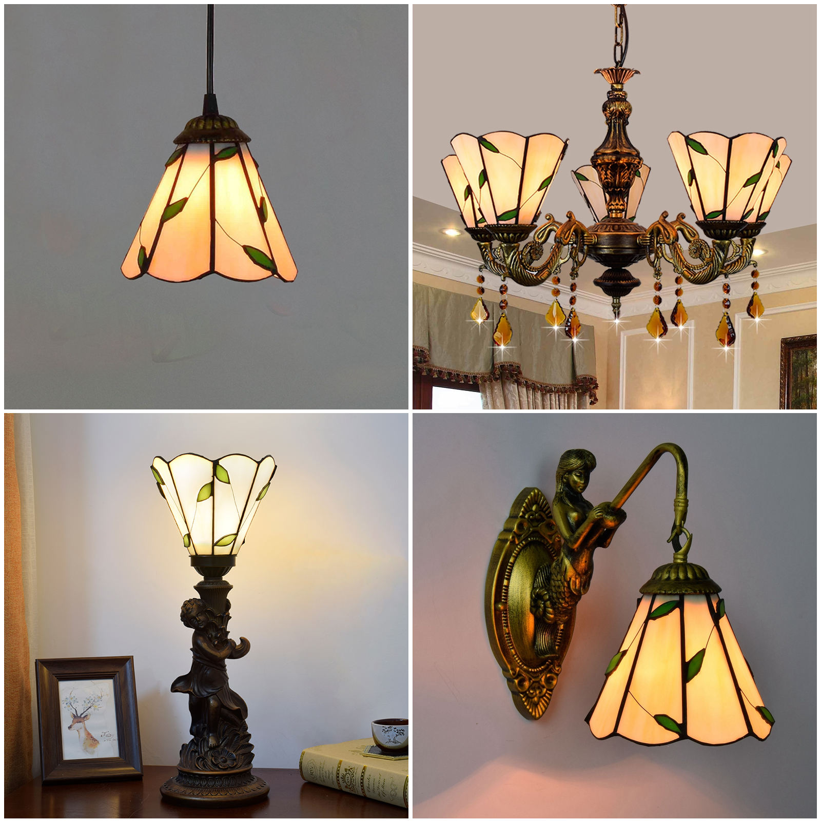 Tiffany Replacement Lampshade, Stained Glass Vintage White Blue Green Leaf  Shade Cover Accessarioes for Chandelier, Wall Lamp, image size:1600x1600