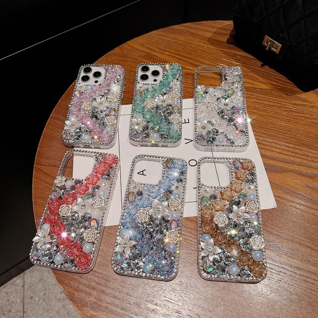 Luxury Crystal Rhinestone Cases for iphone 17 Pro Max 17 Air 16 15 14 Soft Edge Clear Rose Flower Diamonds Phone Case Cover