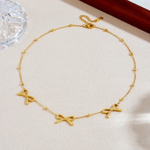 Gold Plated Bowknot Pendant Beaded Chain Stainless Steel Clavicle Necklace For Daily Party Wear - Product Image 3