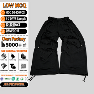 Pantalon déchiré noir personnalisé pour homme, taille élastique avec cordon de serrage, style streetwear, décontracté, en coton tricoté, pour l'automne - Product Image 1