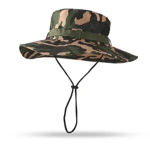 Topi pancing Kemah Logo kustom topi Boonie matahari Safari topi Bucket Camo kustom dengan tali